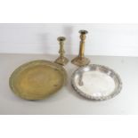 PAIR OF BRASS CANDLESTICKS, PLATED TRAY
