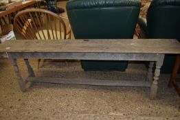 VINTAGE JOINTED BENCH WITH TURNED LEGS AND CARVED FRIEZE, LENGTH APPROX 196CM