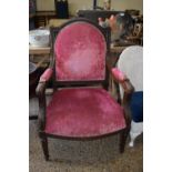 HEAVILY CARVED VICTORIAN UPHOLSTERED ARMCHAIR, WIDTH APPROX 68CM MAX