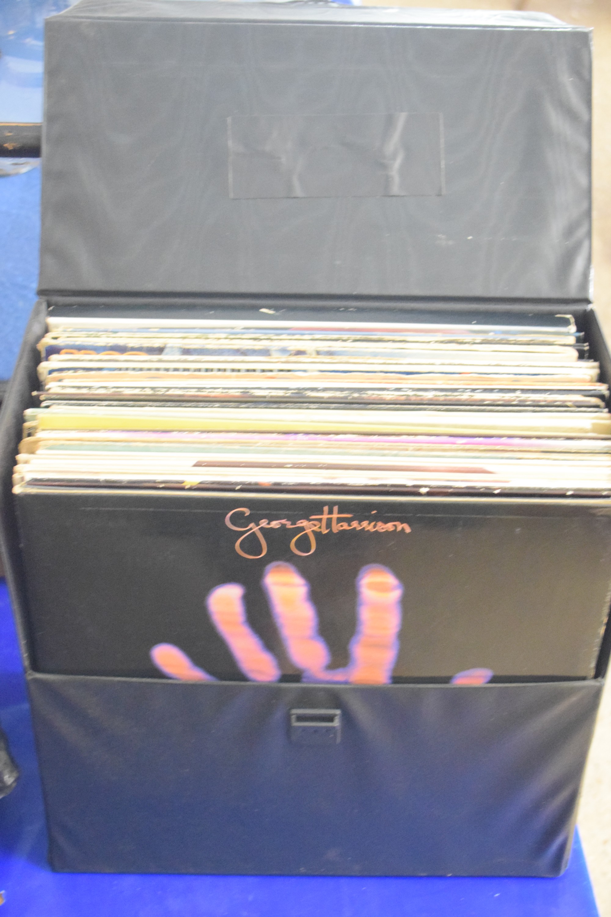 BOX CONTAINING RECORDS, POP MUSIC, GEORGE HARRISON, ROLLING STONES ETC