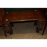 HEAVILY CARVED HARDWOOD BENCH, LEGS DECORATED WITH FLORAL MOTIFS, APPROX 97 X 52CM MAX