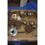 BOX OF STAINLESS STEEL KITCHEN WARES, TEA POTS, HOT WATER JUGS ETC