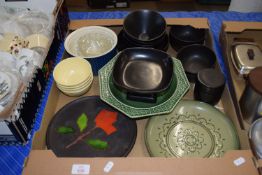 BOX OF KITCHEN POTTERY, PLATES, SERVING DISHES ETC