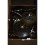 PLASTIC BOX CONTAINING KITCHEN WARES, SAUCEPANS ETC