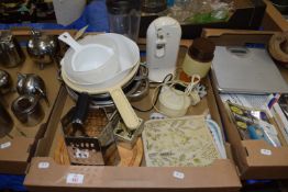 TRAY CONTAINING VARIOUS KITCHEN WARES, MIXERS, COLANDERS ETC