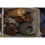 BOX CONTAINING BROWN GLAZED STONEWARE JUGS