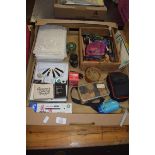 BOX CONTAINING EBONY AND BOXWOOD DRAUGHTS, OSMIROID PEN SET ETC