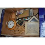 BOX CONTAINING WALL CLOCK, PICTURES AND PRINTS