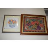 THREE PICTURES, EMBROIDERIES OF FLOWERS ETC