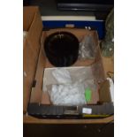 TRAY CONTAINING KITCHEN WARES, PLASTIC KNIVES, FORKS AND GLASS PLATES