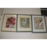 THREE FRAMED EMBROIDERIES, TWO OF FLOWERS, ONE OF DUCKS