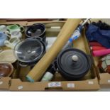 TRAY CONTAINING KITCHEN WARES, TWO LARGE CASSEROLES, AN UMBRELLA AND RUSH MAT