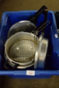 BOX CONTAINING KITCHEN ITEMS, SAUCEPANS ETC