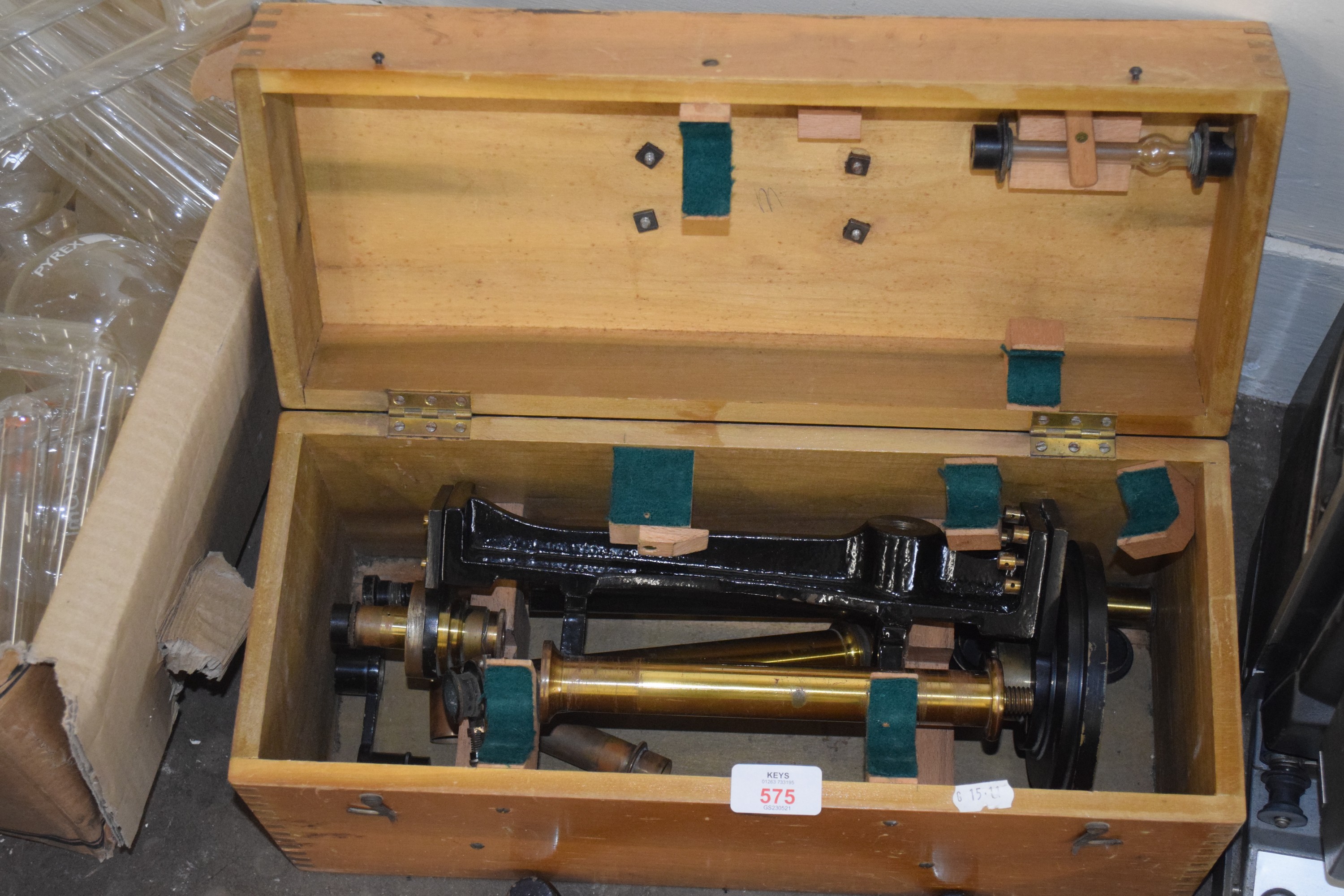 WOODEN BOX WITH VARIOUS MEASURING EQUIPMENT