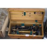 WOODEN BOX WITH VARIOUS MEASURING EQUIPMENT