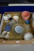 TRAY CONTAINING CHINA ITEMS AND GLASS WARES, MAINLY KITCHEN ITEMS