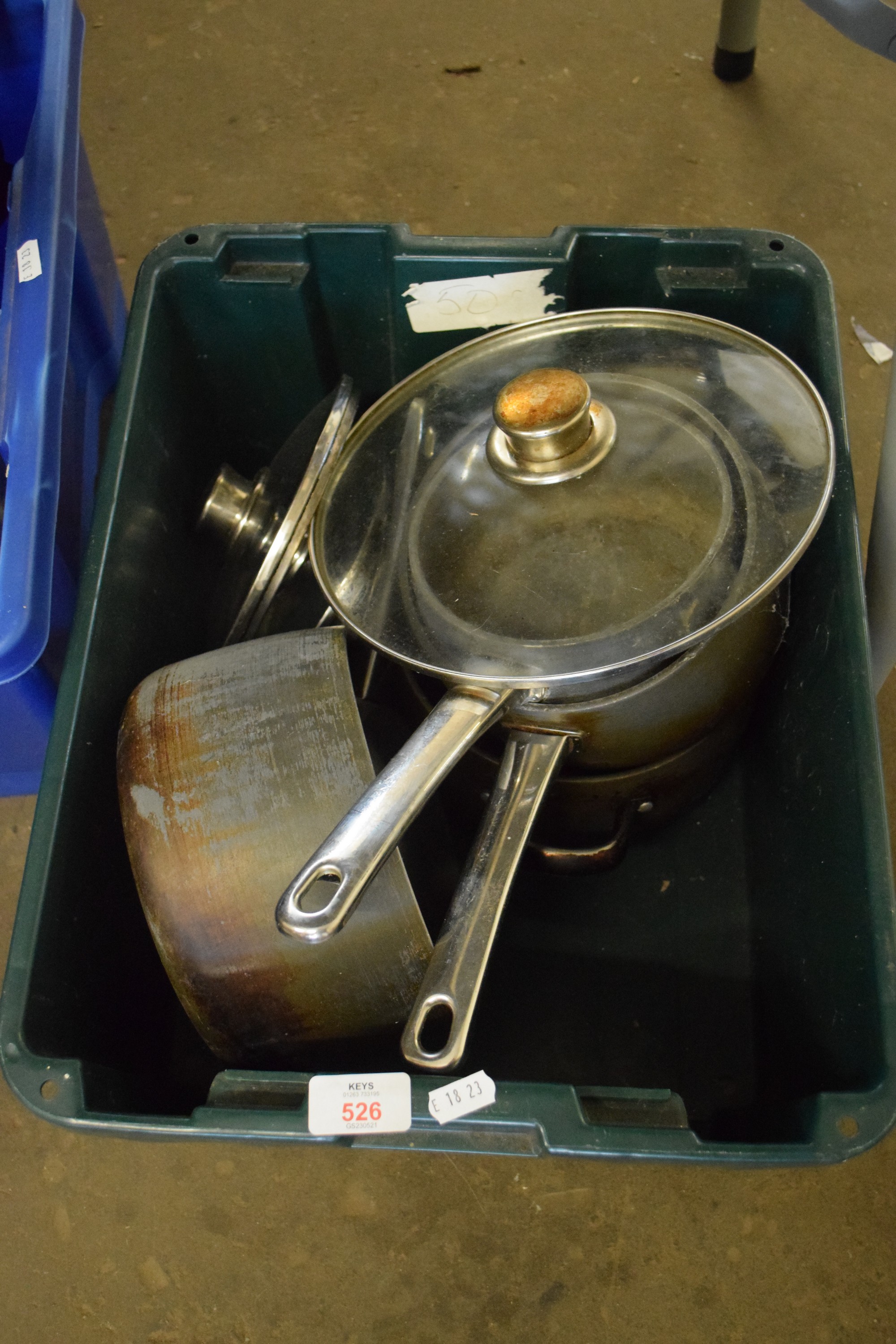 PLASTIC BOX CONTAINING KITCHEN WARES, MAINLY SAUCEPANS ETC