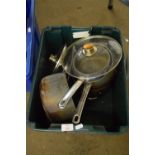 PLASTIC BOX CONTAINING KITCHEN WARES, MAINLY SAUCEPANS ETC