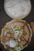 TRAY CONTAINING SMALL SILK CUSHION WITH FLEUR DE LYS DESGIN AND TWO CANDLES AND OTHER ITEMS