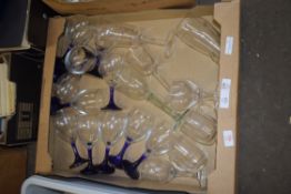 BOX OF WINE GLASSES WITH BLUE BASED DESIGN, PLUS FURTHER GLASSES