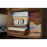BOX CONTAINING COOKERY BOOKS, COASTERS ETC