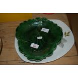 PAIR OF GREEN GLAZED WEDGWOOD STYLE POTTERY DISHES, TOGETHER WITH A FURTHER SERVING DISH