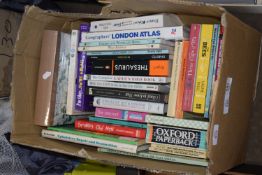 BOX OF MIXED BOOKS - OXFORD DICTIONARY, LONDON ATLAS ETC