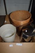 BOX CONTAINING WICKER BASKET, METAL WASTE BIN ETC