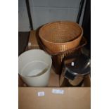 BOX CONTAINING WICKER BASKET, METAL WASTE BIN ETC