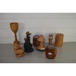 TREEN ITEMS, MINIATURE CLOCK, FIELD MICE ON CORN, TWO SMALL BARRELS