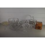 QUANTITY OF CUT GLASS WARES INCLUDING BOWLS, SMALL BASKET, VASE WITH SILVER METAL RIM