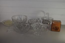 QUANTITY OF CUT GLASS WARES INCLUDING BOWLS, SMALL BASKET, VASE WITH SILVER METAL RIM