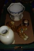 BOX CONTAINING CERAMIC ITEMS, JARDINIERE, LARGE POTTERY MODEL OF A TIGER ETC