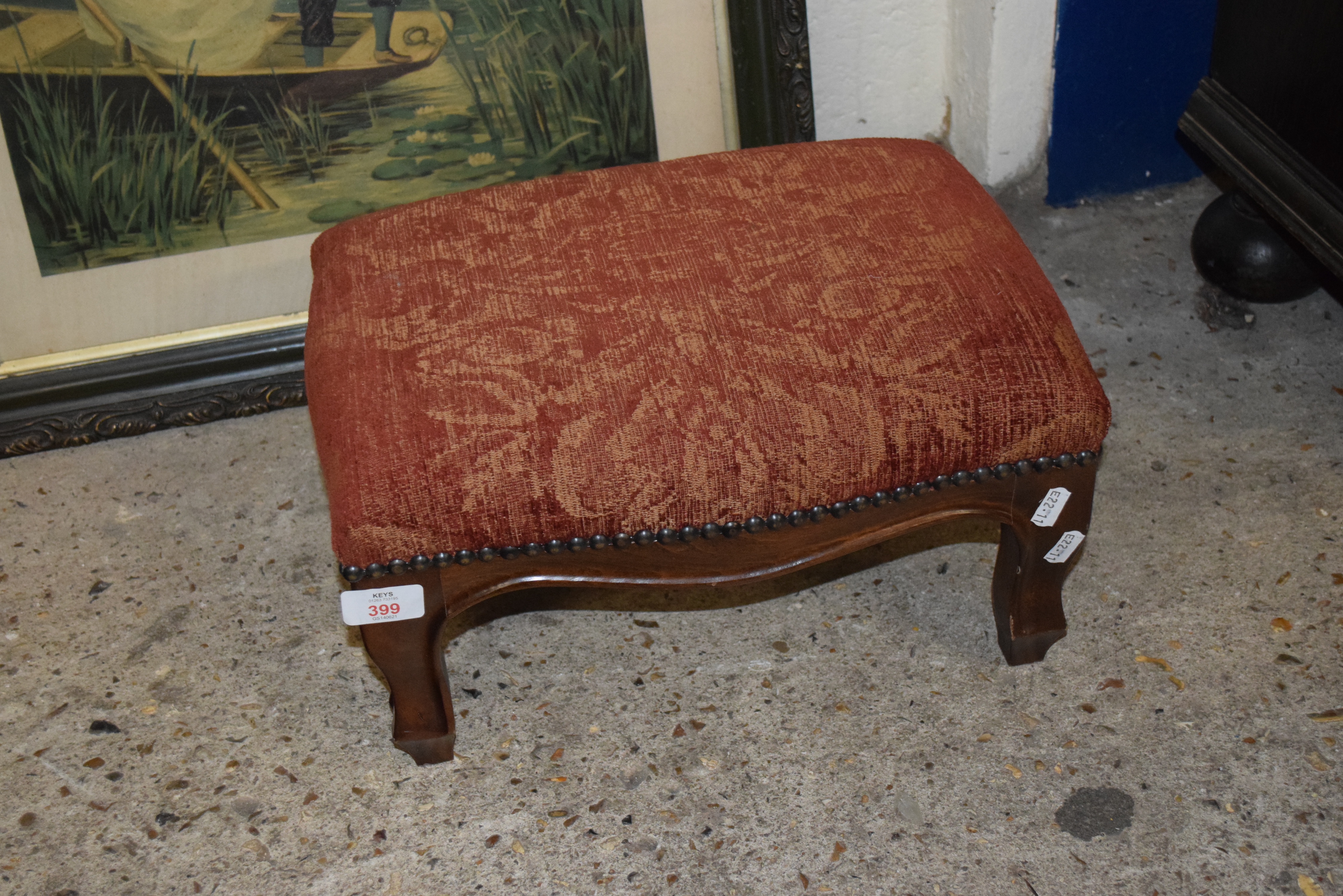 SMALL UPHOLSTERED FOOTSTOOL, APPROX 40CM X 28CM MAX