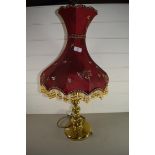 BRASS LAMP WITH RED EMBRIDERED SHADE
