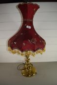 BRASS LAMP WITH RED EMBRIDERED SHADE