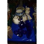 BLUE GLASS WARES AND POTTERY ITEMS