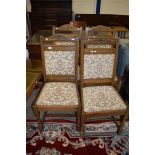 SET OF FOUR UPHOLSTERED DINING CHAIRS WITH HERALDIC EMBROIDERY, APPROX 51CM WIDE MAX