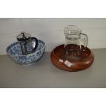 WOODEN FRUIT BOWL AND GLASS JUG