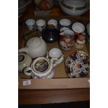 TRAY CONTAINING CERAMIC ITEMS, SMALL BOWLS, JAPANESE PORCELAIN JUG, CROWN DERBY IMARI STYLE DISH (