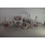 CUT GLASS WARES WITH AMBER COLOURED BIRDS IN BOHEMIAN STYLE COMPRISING BASKETS, VASES, JARS AND