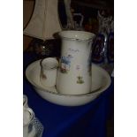 LARGE JUG AND BOWL WITH SMALL VASE WITH CRINOLINE LADY DECORATION