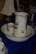 LARGE JUG AND BOWL WITH SMALL VASE WITH CRINOLINE LADY DECORATION