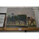 SMALL OIL ON BOARD OF PAINTER IN LANDSCAPE, TITLED VERSO: JOHN WHITLOCK PAINTING A J MUNNINGS,
