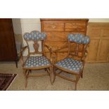 PAIR OF UPHOLSTERED ARMCHAIRS WITH INLAID DECORATION, WIDTH APPROX 55CM MAX