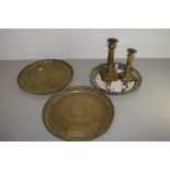 PAIR OF BRASS CANDLESTICKS AND BRASS TRAY AND PLATED TRAY