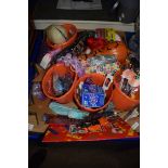 BOX CONTAINING TOYS AND HALLOWEEN ITEMS
