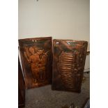 PAIR OF WOODEN PANELS WITH MOULDED METAL DECORATION DEPICTING THE PARTHENON AND MYTHICAL FIGURES