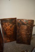 PAIR OF WOODEN PANELS WITH MOULDED METAL DECORATION DEPICTING THE PARTHENON AND MYTHICAL FIGURES