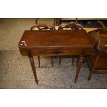 19TH CENTURY MAHOGANY FOLD TOP TEA TABLE RAISED ON RING TURNED LEGS WITH INSET DECORATION, WIDTH